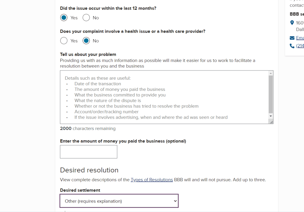 2The third and final step Give your specifics about the complaint