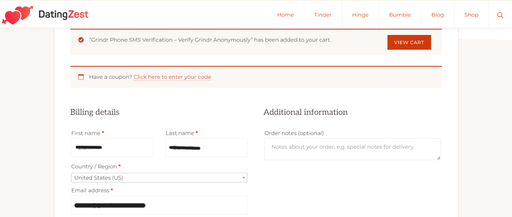 Complete the Checkout details.