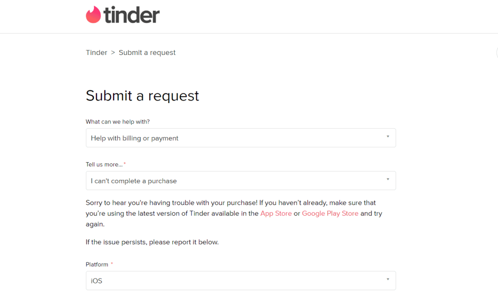 Tell Tinder you’re having payment issues